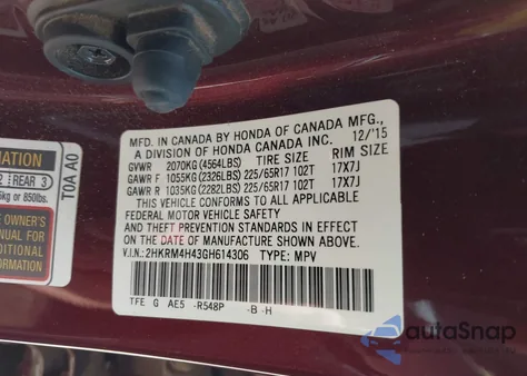 2016 Honda Cr-V Se from USA, damaged, VIN 2HKRM4H43GH614306